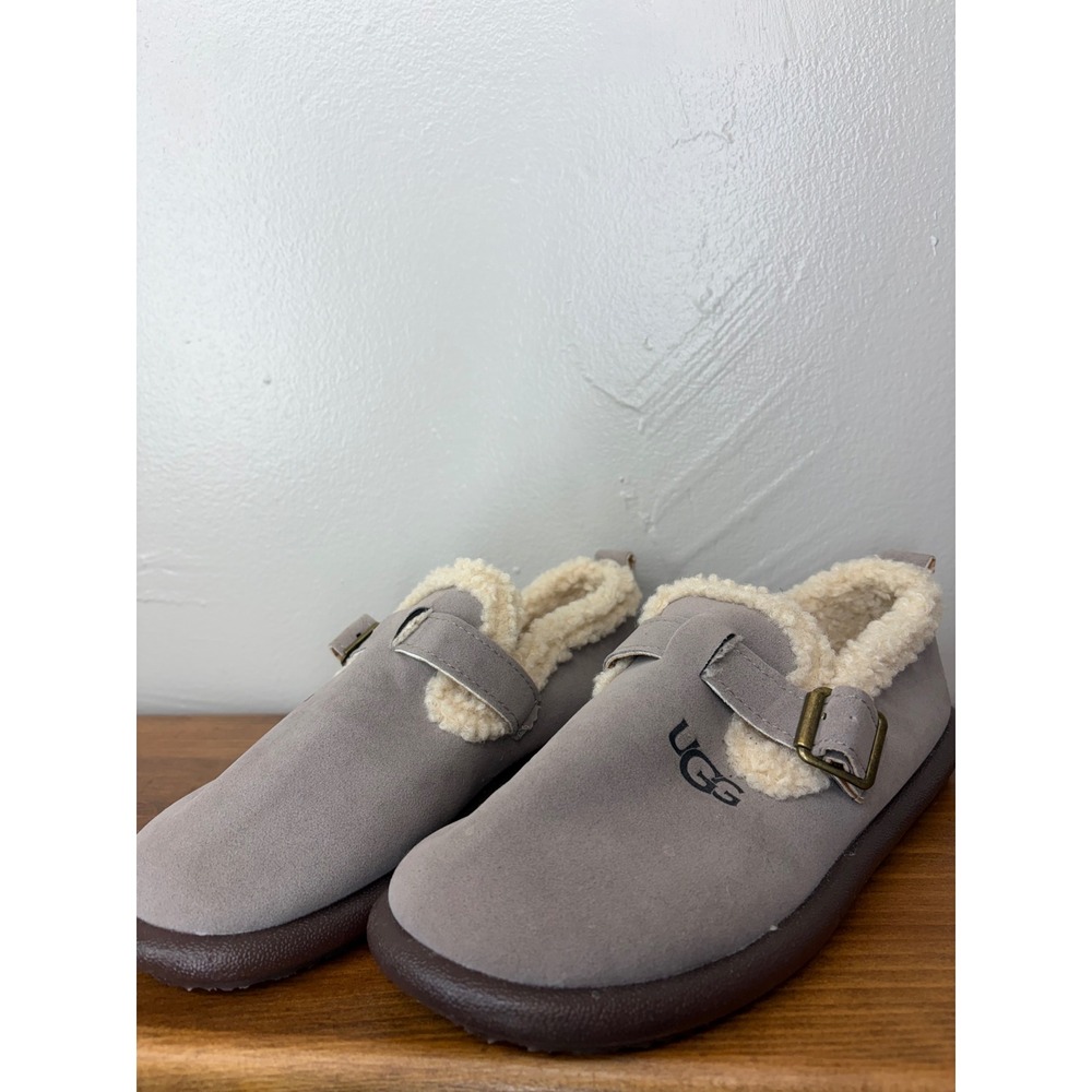 UGG Grey Suede Shearling Lined Buckle Platform Slippers Women Size 245 1.5
